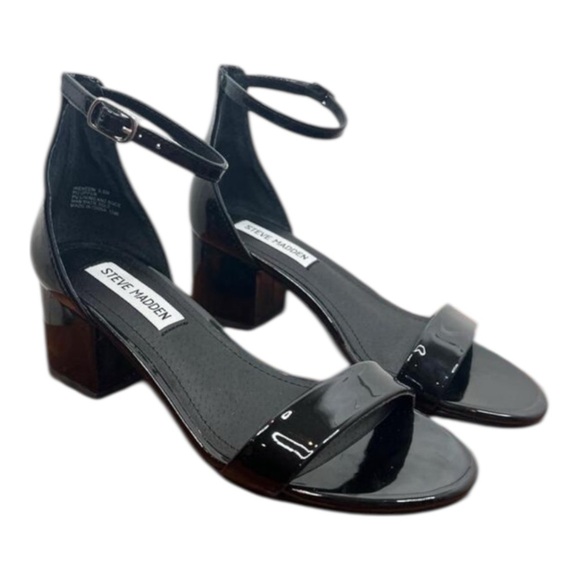 STEVE MADDEN Irene Sandals Size 5.5M Black Patent Leather Block Heel Classic - Picture 1 of 9